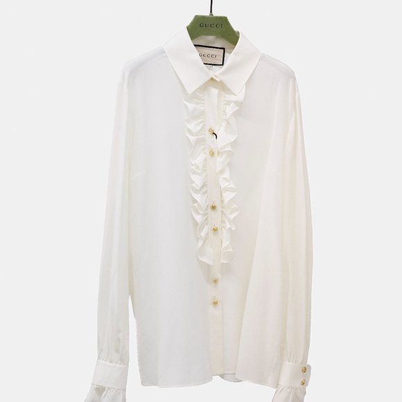 Gucci Spring 2022 Crêpe de Chine White Silk Ruffle Blouse - Picture 2 of 16